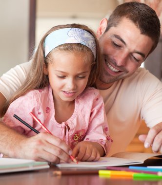 Father and cute daughter drawing together clipart