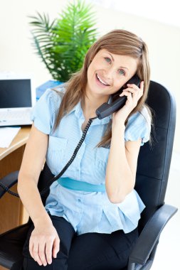 Bright woman sitting on a chair clipart