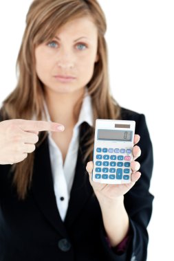 Depressed businesswoman holidng a calculator clipart