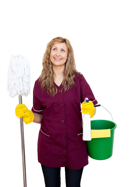 Smiling with cleaning utensils — Stock Photo, Image
