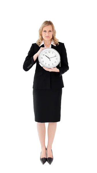 Unhappy businesswoman against white background — Stock Photo, Image