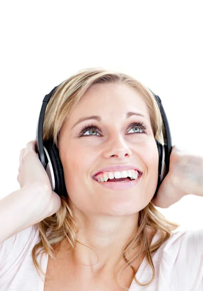 Mujer riendo con auriculares — Foto de Stock