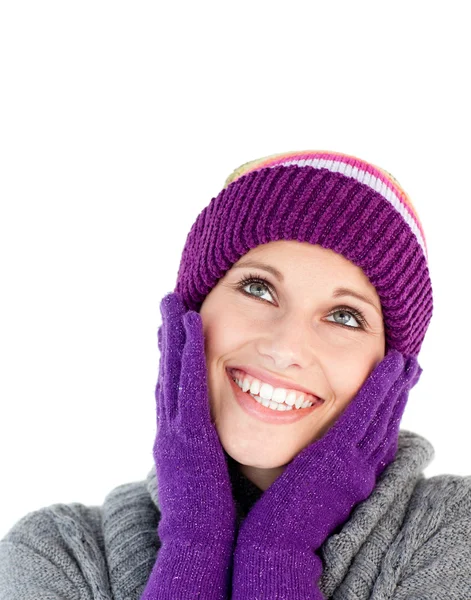Bright woman with purple gloves and a colourful hat — Stock Photo, Image