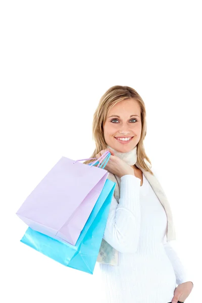 Hezká žena hospodářství nákupní tašky — Stock fotografie