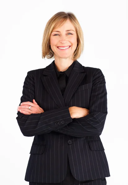 Örömteli női businessmanager mosolyogva a kamera — Stock Fotó