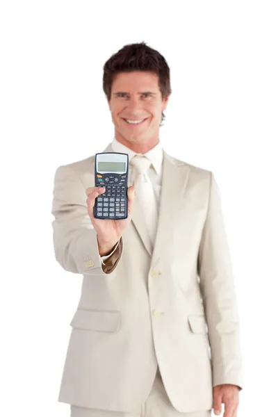 有吸引力的商人在他手中持有一个计算器 — 图库照片