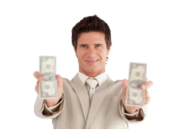 Lachende zakenman houden Dollars — Stockfoto