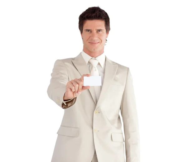 Ελκυστική επιχειρηματίας, κρατώντας μια λευκή κάρτα — Φωτογραφία Αρχείου
