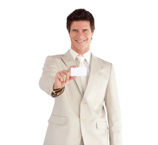 Sebejistí podnikatel drží bílou kartu — Stock fotografie