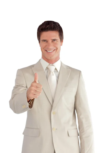 Homem de negócios sorrindo fazendo um polegar para cima — Fotografia de Stock