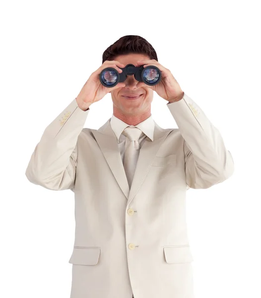 Portrait of a cute businessman with binoculars — Stock Photo, Image