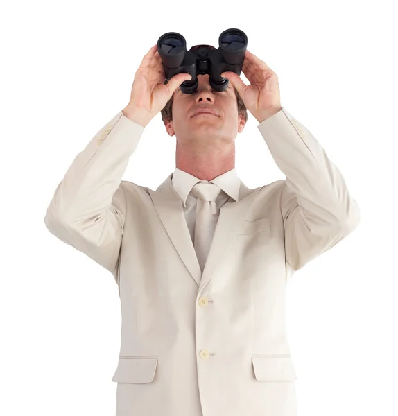 Portrét pohledný podnikatel s dalekohledem — Stock fotografie