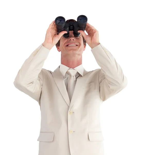Portrait of a positive businessman with binoculars — Stock Photo, Image