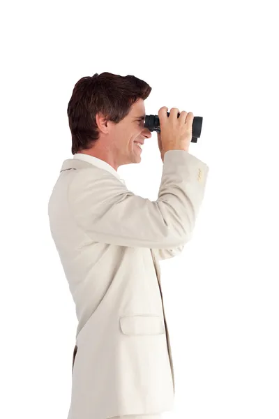 Retrato de un hombre de negocios feliz con prismáticos — Foto de Stock