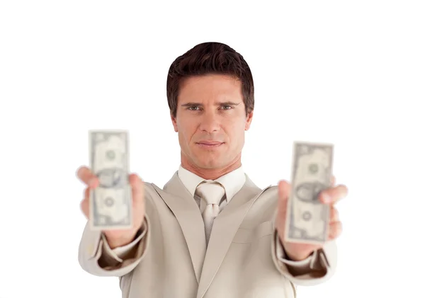 Χαρούμενη επιχειρηματίας με δολάρια στα χέρια του — Φωτογραφία Αρχείου