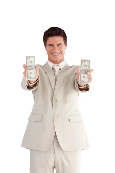 Uomo d'affari caucasico con dollari sulle mani — Foto Stock
