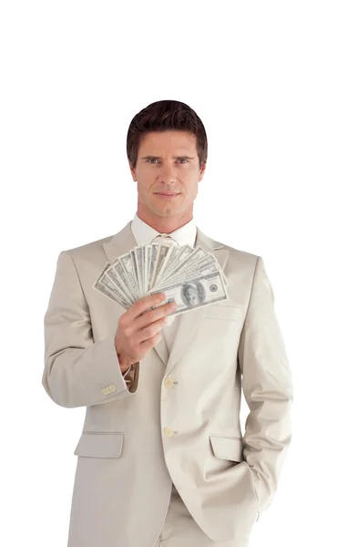 Charismatický podnikatel s dolary na rukou — Stock fotografie
