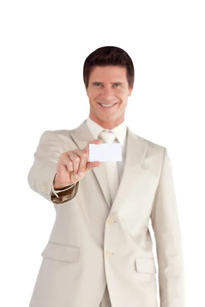 白いカードの肯定的な実業家 — ストック写真