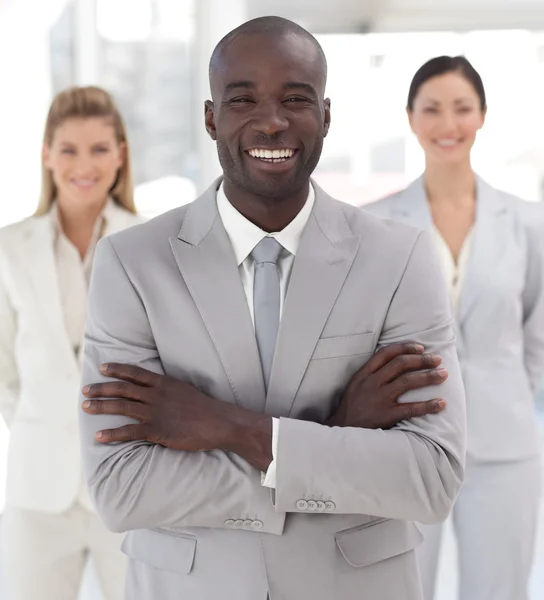Positive afro-american manager with his team — Stock Photo, Image