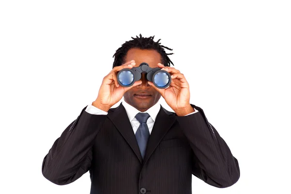 Young Afro-American businessman with binoculars — Stock Photo, Image