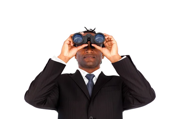 Charsimatic Afro-American businessman with binoculars — Stock Photo, Image