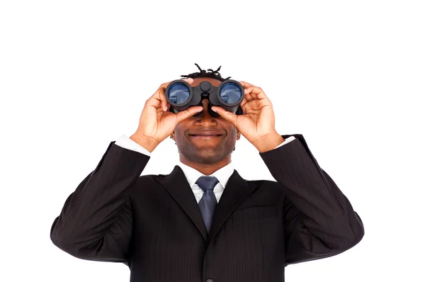 Confident Afro-American businessman with binoculars — Stock Photo, Image