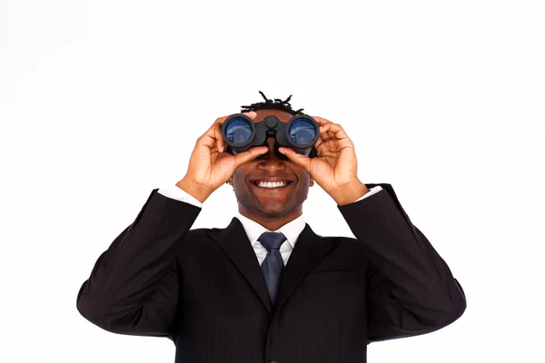 Lindo hombre de negocios afroamericano con prismáticos —  Fotos de Stock
