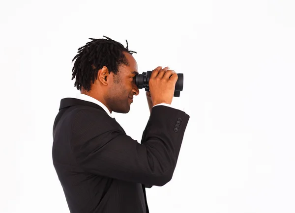 Positive Afro-American businessman with binoculars — Stock Photo, Image