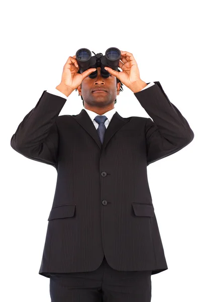Atractivo hombre de negocios afroamericano con prismáticos — Foto de Stock