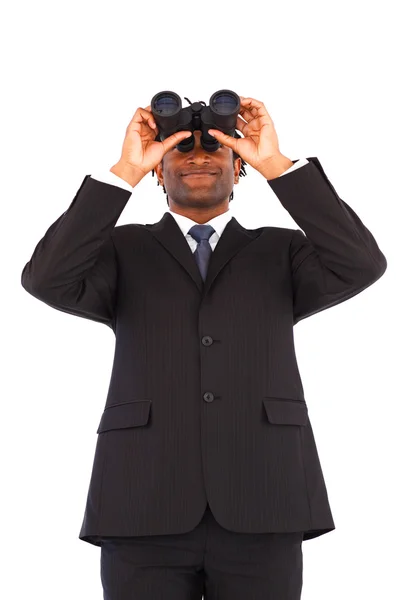 Encantador hombre de negocios afroamericano con prismáticos — Foto de Stock