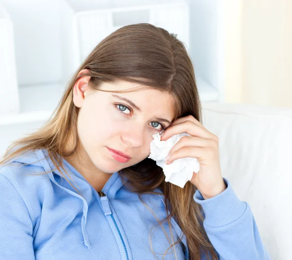 Sad woman with tissues — Stock Photo, Image