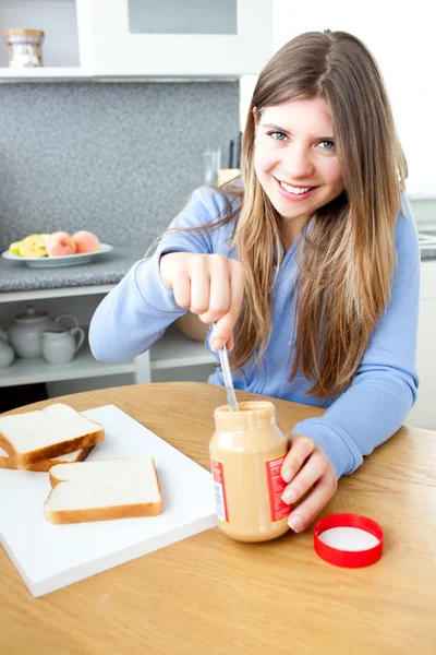 Positive woman woman having breakfast — Stock Photo, Image