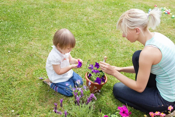 금발의 어머니 그녀의 딸에 보라색 꽃을 보여주는 — 스톡 사진