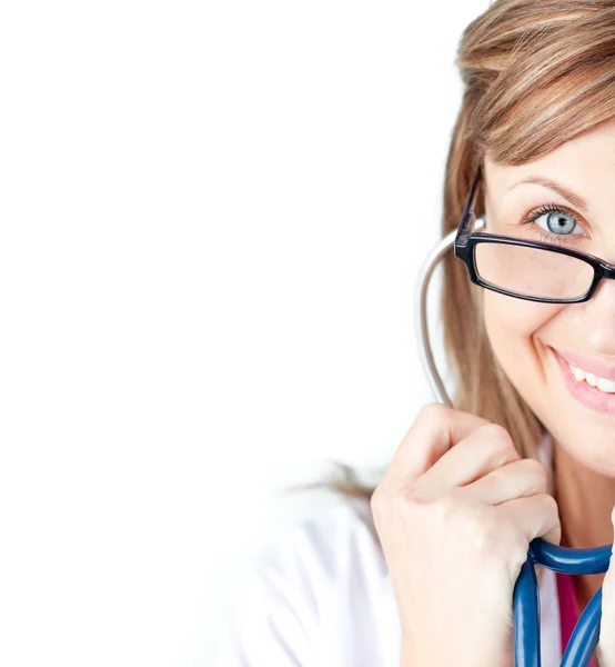 Csillogó női orvos gazdaság sthetoscope — Stock Fotó