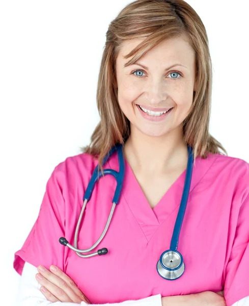 Leende kvinna läkare med stetoskop — Stockfoto