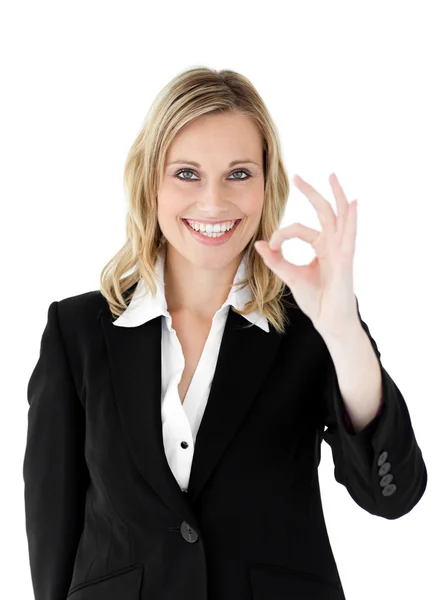 Successful businesswoman showing OK sign — Stock Photo, Image