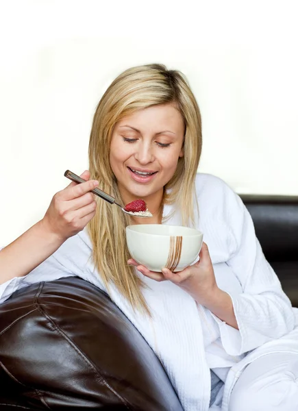 Cheerful woman having a breakfast — Stock Photo, Image
