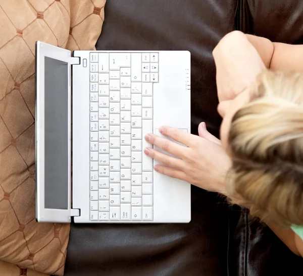 Concentrated woman with a laptop lying on a sofa — Stock Photo, Image