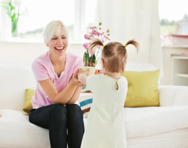 Smiling woman get surprise by her daughter — Stock Photo, Image