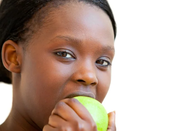 Dolce donna mangiare mela — Foto Stock