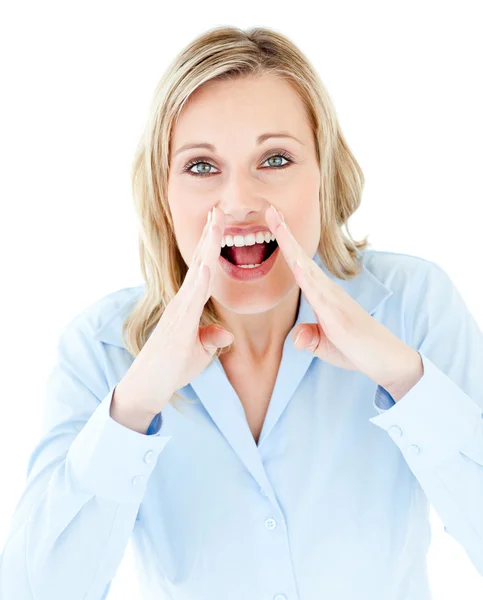 Shouting blond businesswoman looking at the camera — Stock Photo, Image