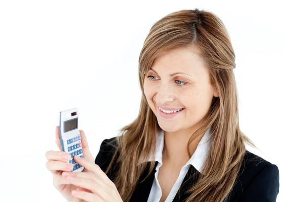 Okouzlující podnikatelka drží kalkulačka — Stock fotografie