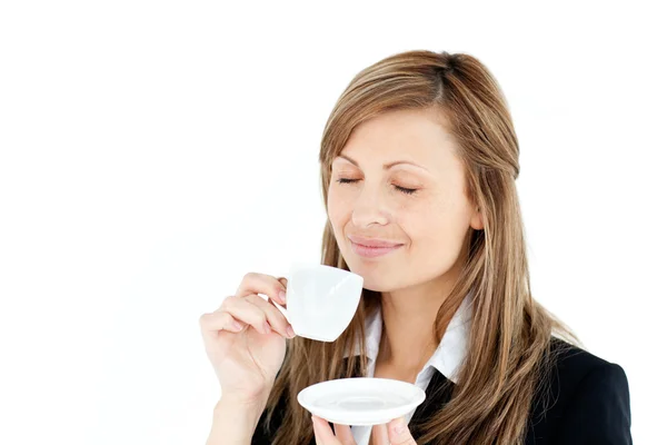 Caucasian blond businesswoman enjoy her coffee — Stock Photo, Image