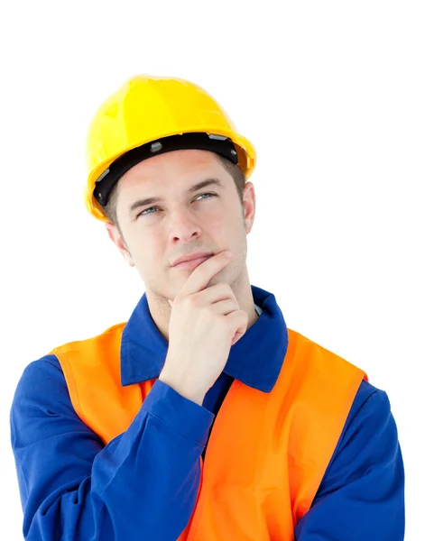 Noszenie kasku zamyślony mężczyzna robotnik — Zdjęcie stockowe