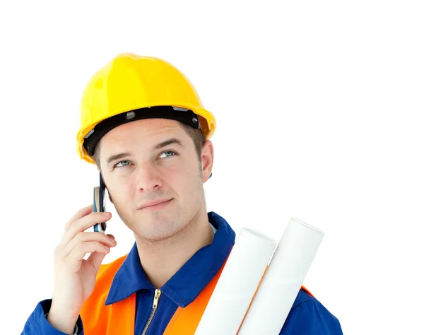 Ambitious worker talking on phone holding plan — Stock Photo, Image
