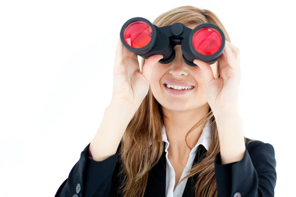 Mujer de negocios animada mirando a través de prismáticos —  Fotos de Stock