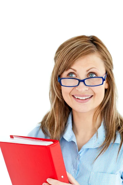 Charming young woman holding a red folder — Stock Photo, Image