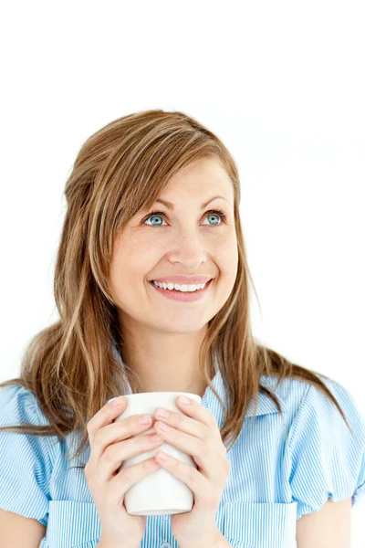Cheerful young businesswoman holding a cup of coffee — Stock Photo, Image