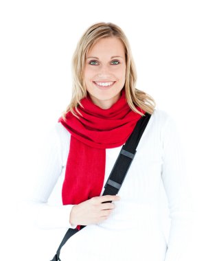 Portrait of a delighted student with scarf smiling at the camera clipart