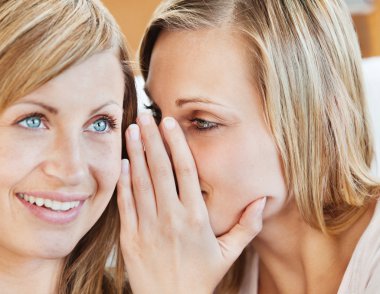 Portrait of two female friends telling secrets clipart